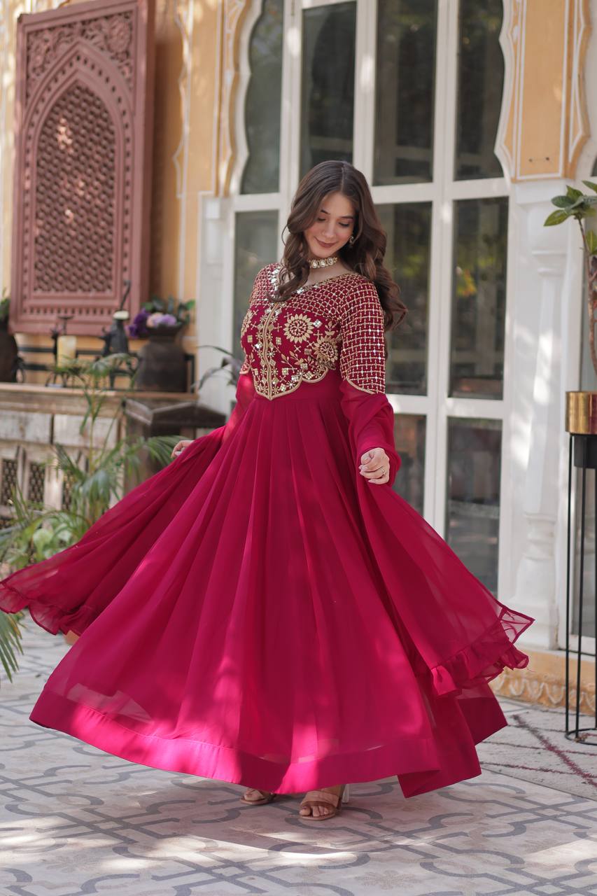 Maroon Faux Blooming Georgette With Attractive embroidered Work Gown - qivii