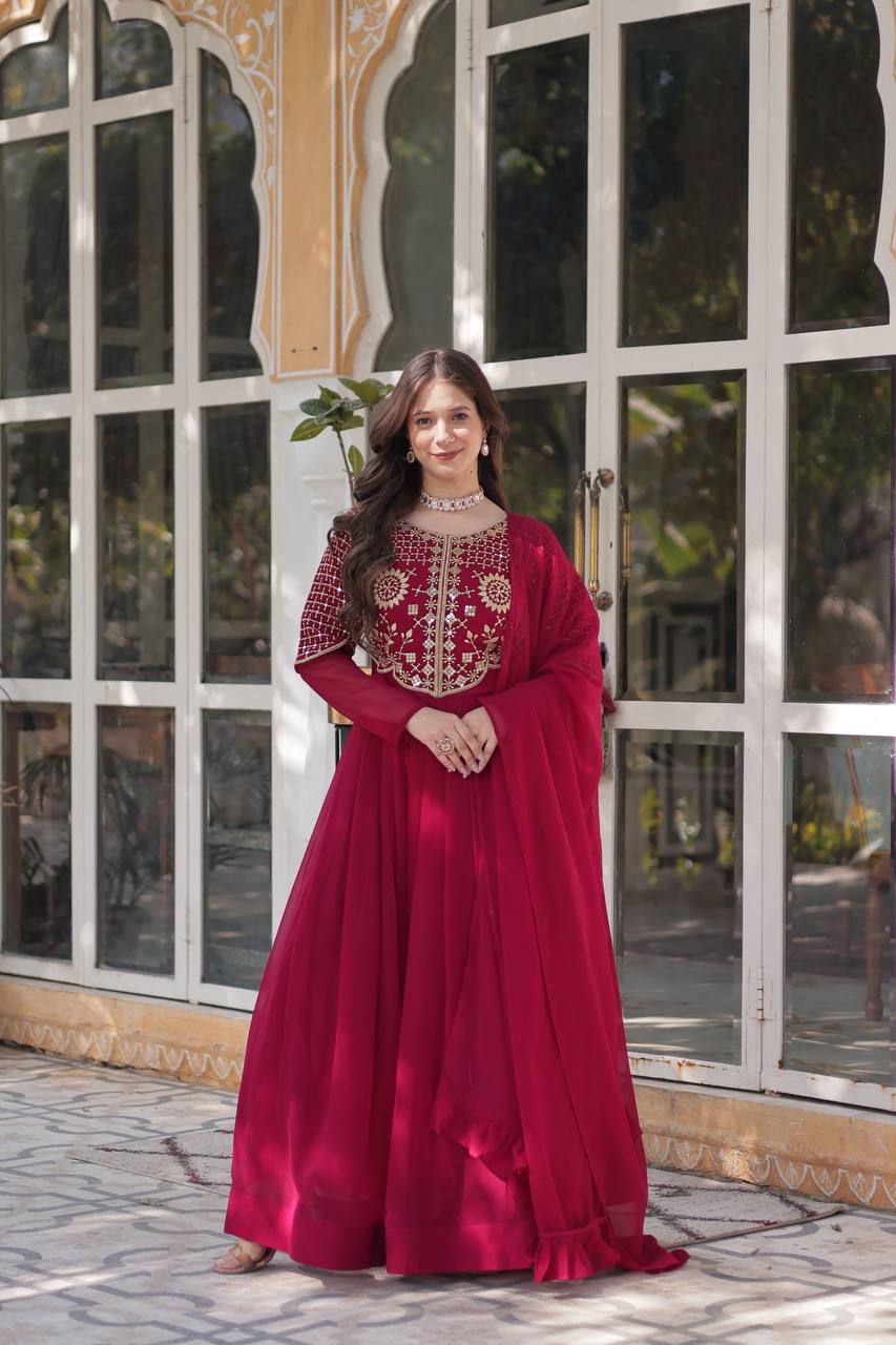 Maroon Faux Blooming Georgette With Attractive embroidered Work Gown - qivii