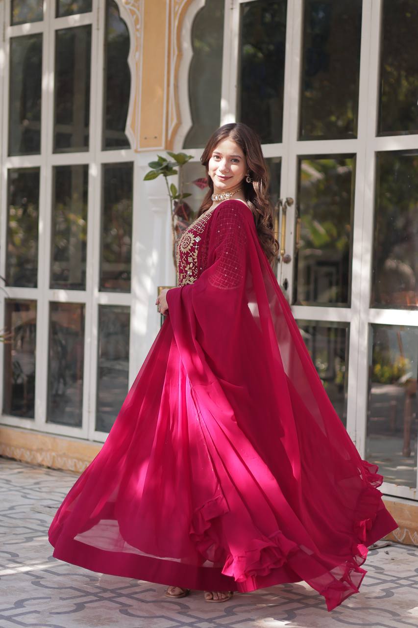 Maroon Faux Blooming Georgette With Attractive embroidered Work Gown - qivii