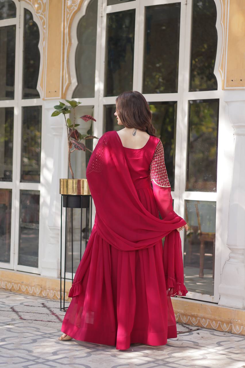 Maroon Faux Blooming Georgette With Attractive embroidered Work Gown - qivii