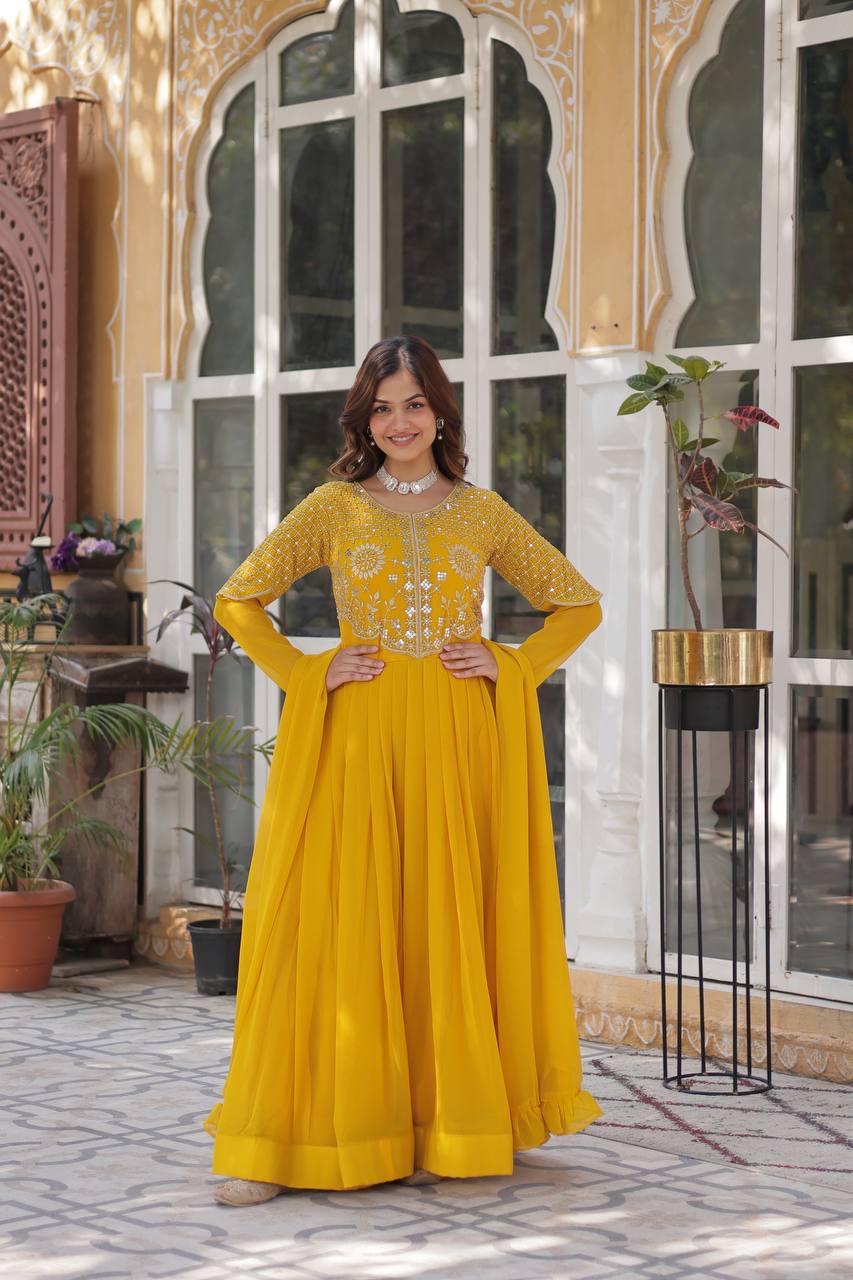 Yellow Faux Blooming Georgette With Attractive embroidered Work Gown - qivii