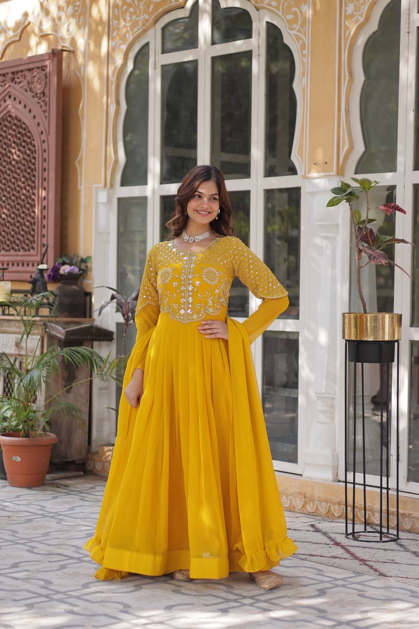 Yellow Faux Blooming Georgette With Attractive embroidered Work Gown - qivii