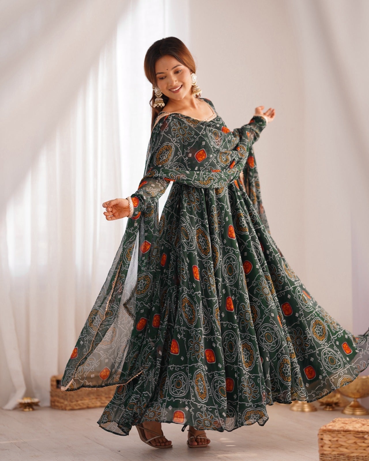 GREEN PURE SOFT LIGHTWEIGHT CHIFFON BANDHEJ FABRIC INNER MICRO COTTON ANARKALI SUIT - INSPIRED - qivii