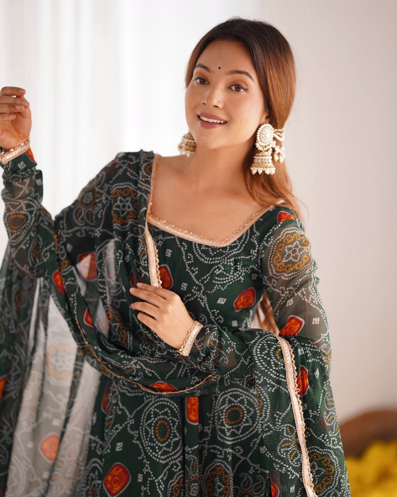 GREEN PURE SOFT LIGHTWEIGHT CHIFFON BANDHEJ FABRIC INNER MICRO COTTON ANARKALI SUIT - INSPIRED - qivii