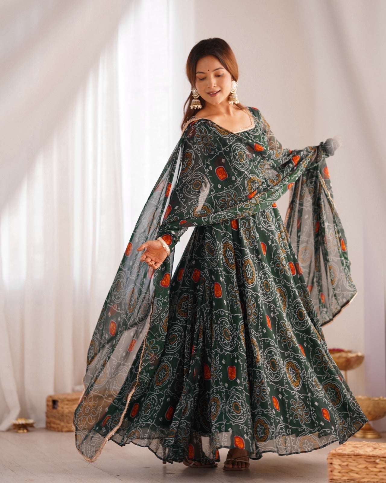 GREEN PURE SOFT LIGHTWEIGHT CHIFFON BANDHEJ FABRIC INNER MICRO COTTON ANARKALI SUIT - INSPIRED - qivii