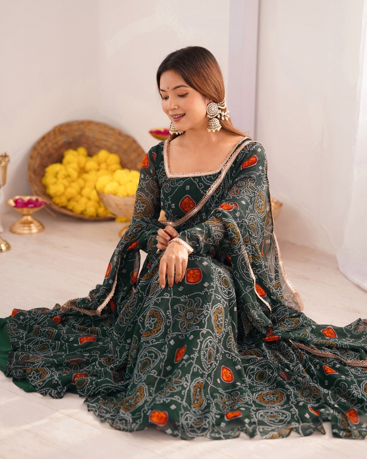GREEN PURE SOFT LIGHTWEIGHT CHIFFON BANDHEJ FABRIC INNER MICRO COTTON ANARKALI SUIT - INSPIRED - qivii
