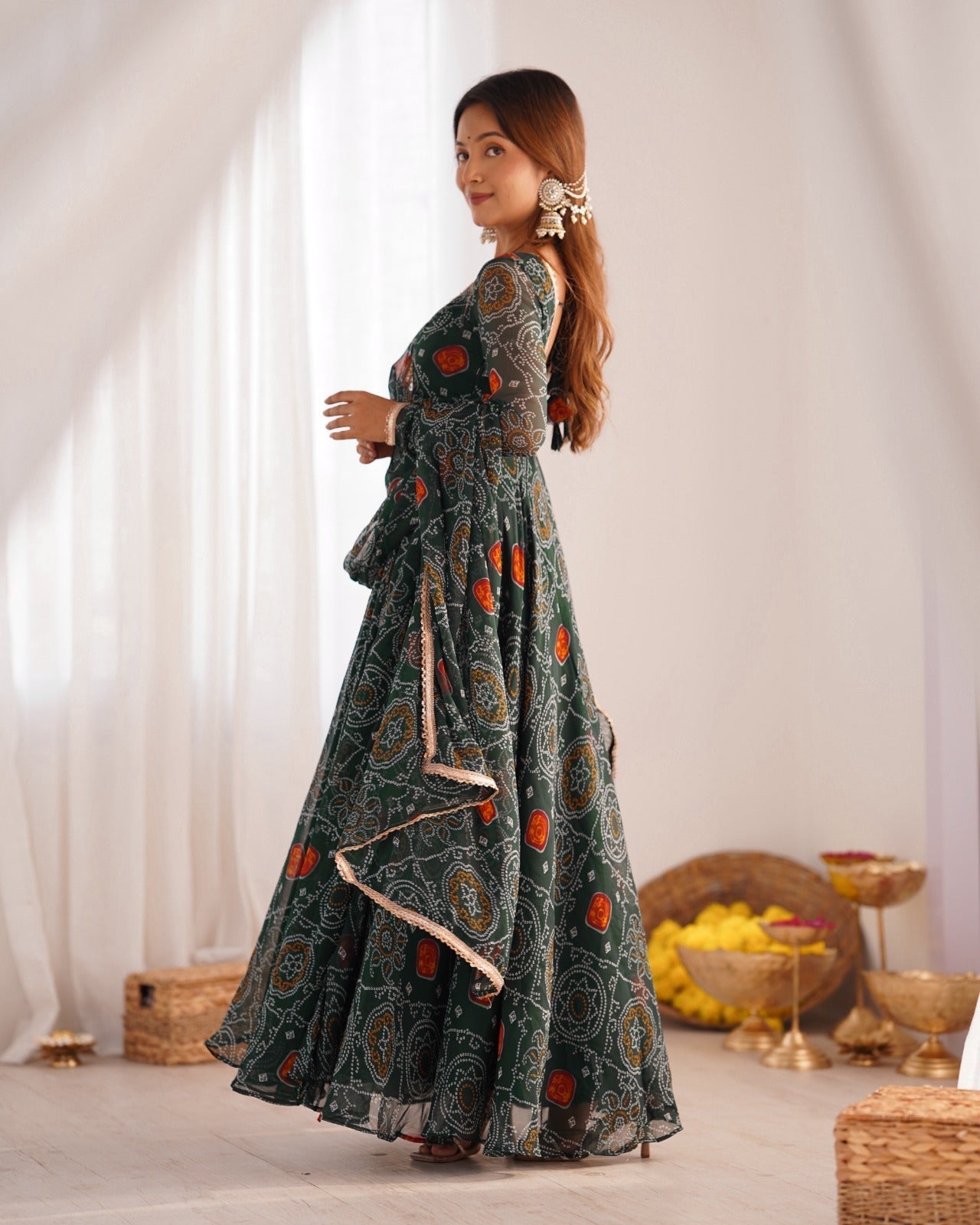 GREEN PURE SOFT LIGHTWEIGHT CHIFFON BANDHEJ FABRIC INNER MICRO COTTON ANARKALI SUIT - INSPIRED - qivii
