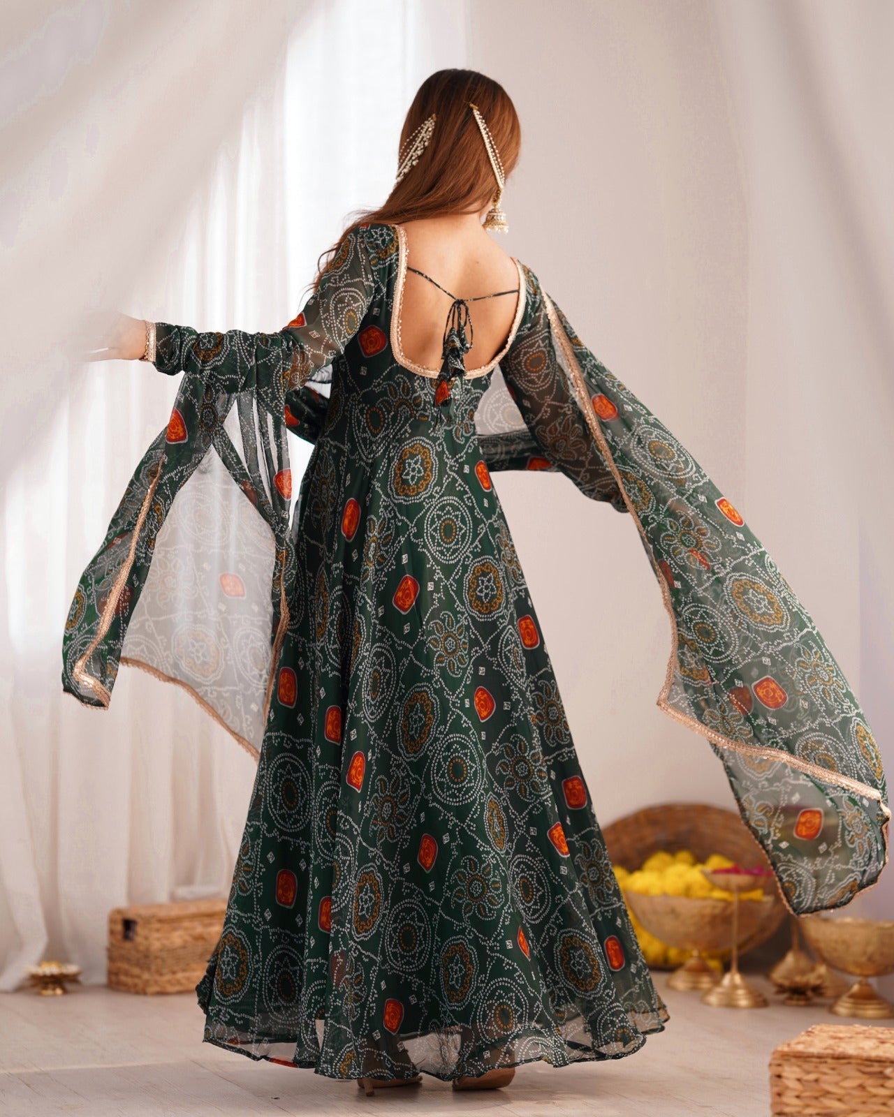 GREEN PURE SOFT LIGHTWEIGHT CHIFFON BANDHEJ FABRIC INNER MICRO COTTON ANARKALI SUIT - INSPIRED - qivii