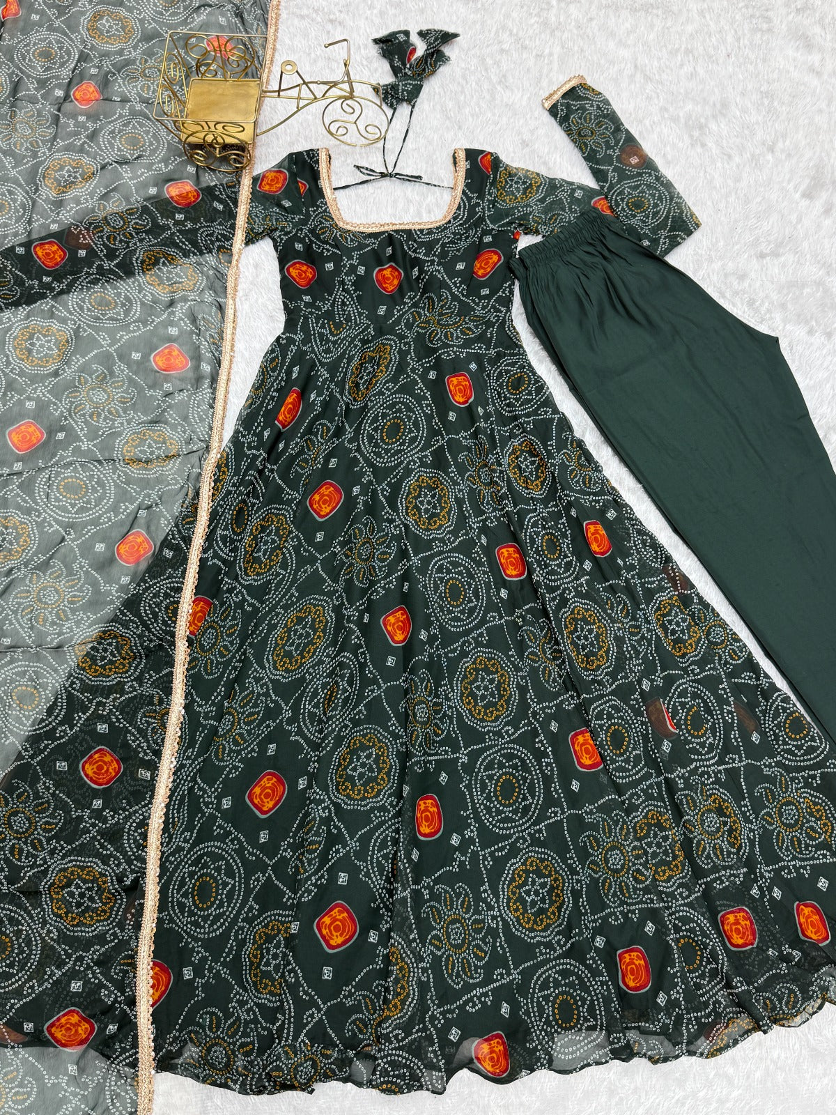 GREEN PURE SOFT LIGHTWEIGHT CHIFFON BANDHEJ FABRIC INNER MICRO COTTON ANARKALI SUIT - INSPIRED - qivii