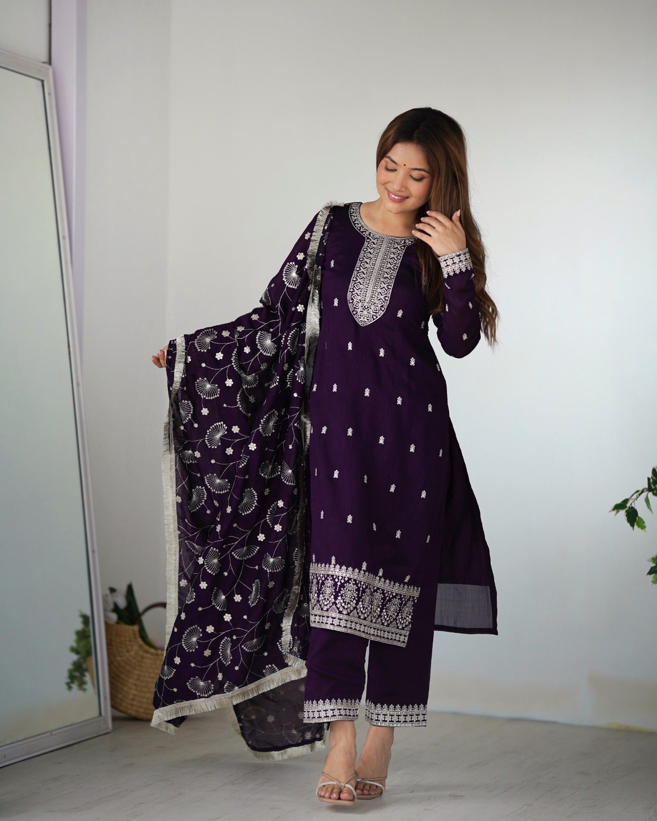PURPLE PURE BLOOMING RANGOLI SILK FABRIC WITH BEAUTIFUL EMBROIDERY SEQUENCE ANARKALI SUIT - INSPIRED - qivii