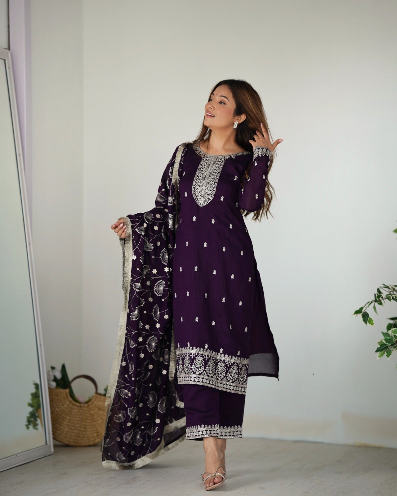 PURPLE PURE BLOOMING RANGOLI SILK FABRIC WITH BEAUTIFUL EMBROIDERY SEQUENCE ANARKALI SUIT - INSPIRED - qivii