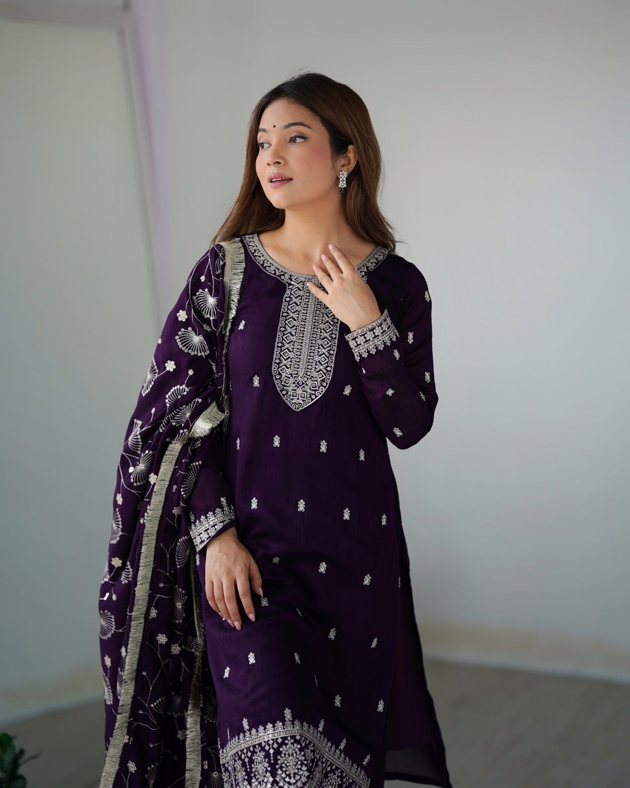 PURPLE PURE BLOOMING RANGOLI SILK FABRIC WITH BEAUTIFUL EMBROIDERY SEQUENCE ANARKALI SUIT - INSPIRED - qivii