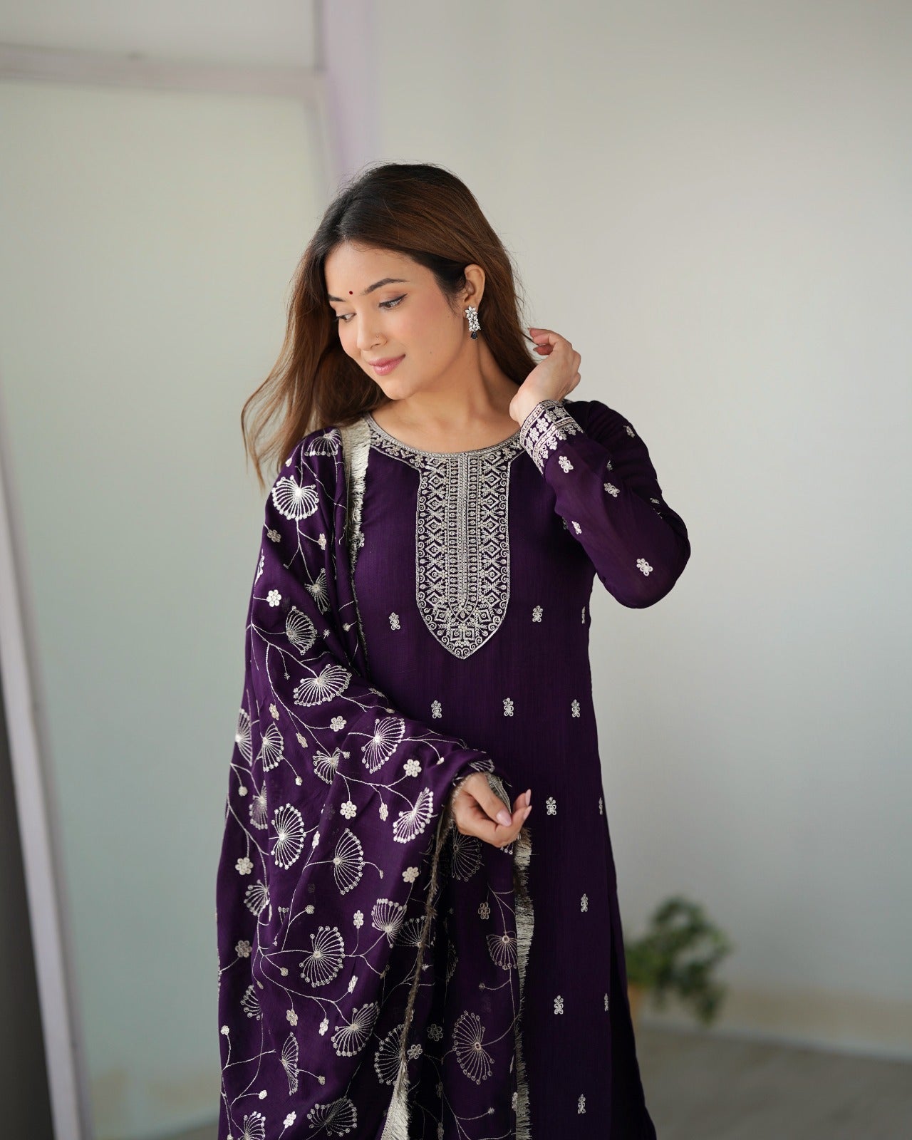 PURPLE PURE BLOOMING RANGOLI SILK FABRIC WITH BEAUTIFUL EMBROIDERY SEQUENCE ANARKALI SUIT - INSPIRED - qivii