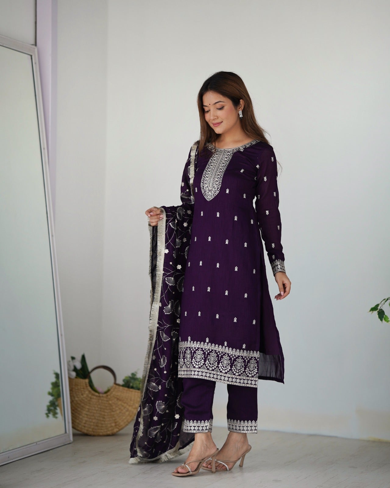PURPLE PURE BLOOMING RANGOLI SILK FABRIC WITH BEAUTIFUL EMBROIDERY SEQUENCE ANARKALI SUIT - INSPIRED - qivii