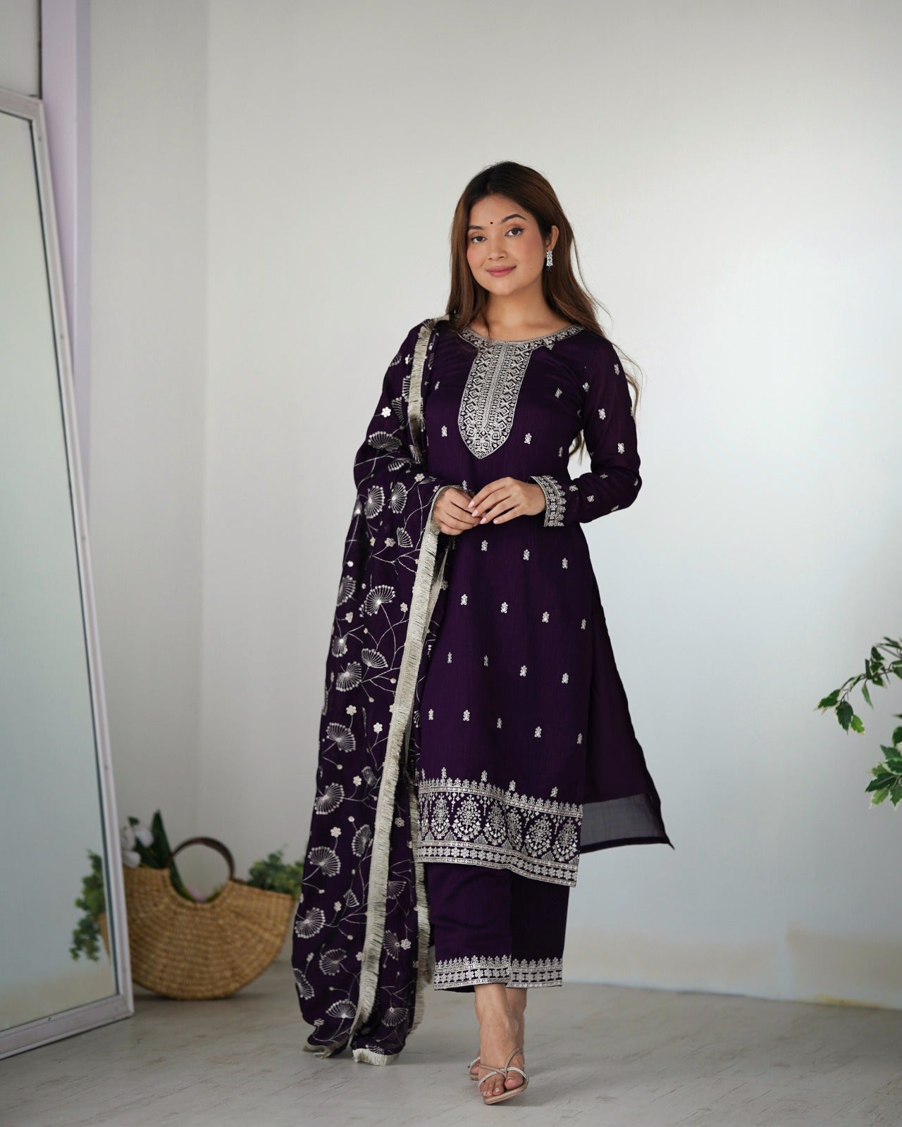 PURPLE PURE BLOOMING RANGOLI SILK FABRIC WITH BEAUTIFUL EMBROIDERY SEQUENCE ANARKALI SUIT - INSPIRED - qivii