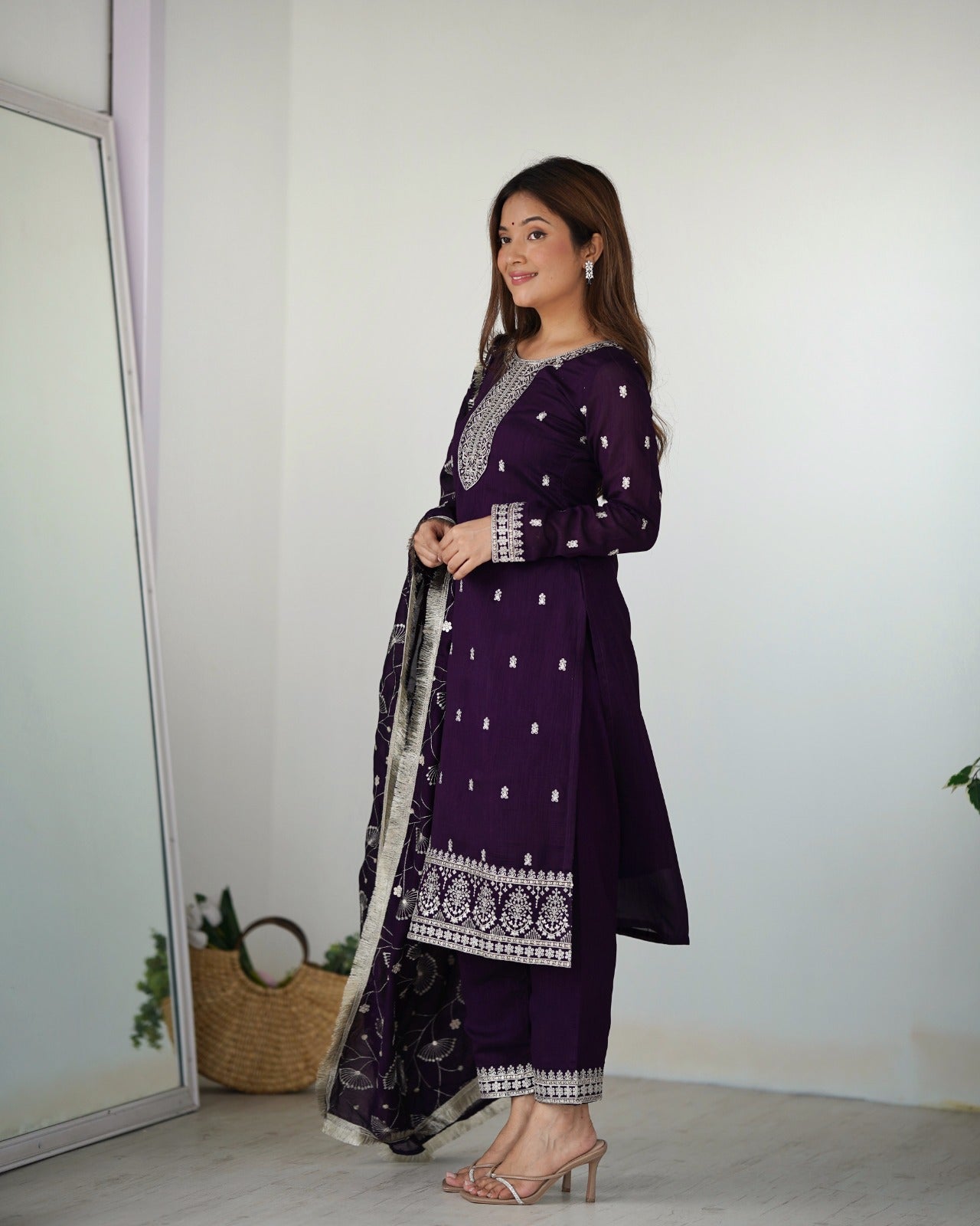 PURPLE PURE BLOOMING RANGOLI SILK FABRIC WITH BEAUTIFUL EMBROIDERY SEQUENCE ANARKALI SUIT - INSPIRED - qivii
