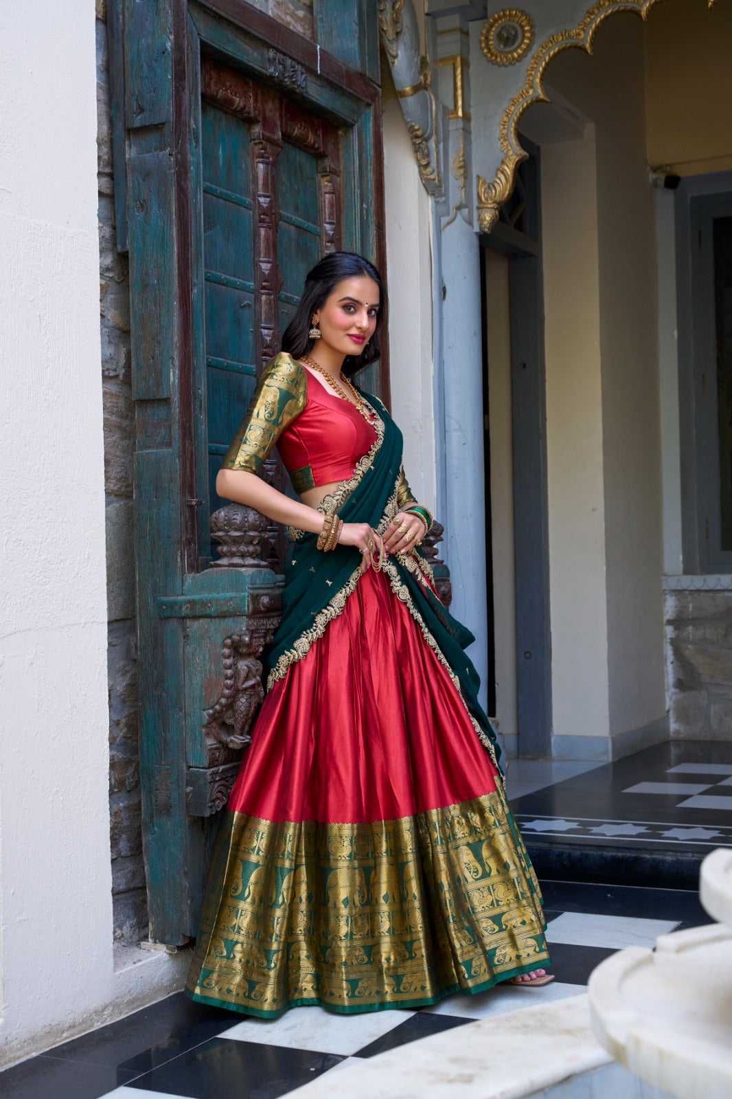 Red Narayan Pattu Zari Weaving Work Lehenga Choli | Ready To Wear - qivii