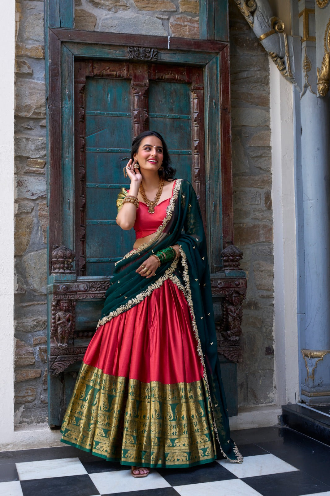 Red Narayan Pattu Zari Weaving Work Lehenga Choli | Ready To Wear - qivii
