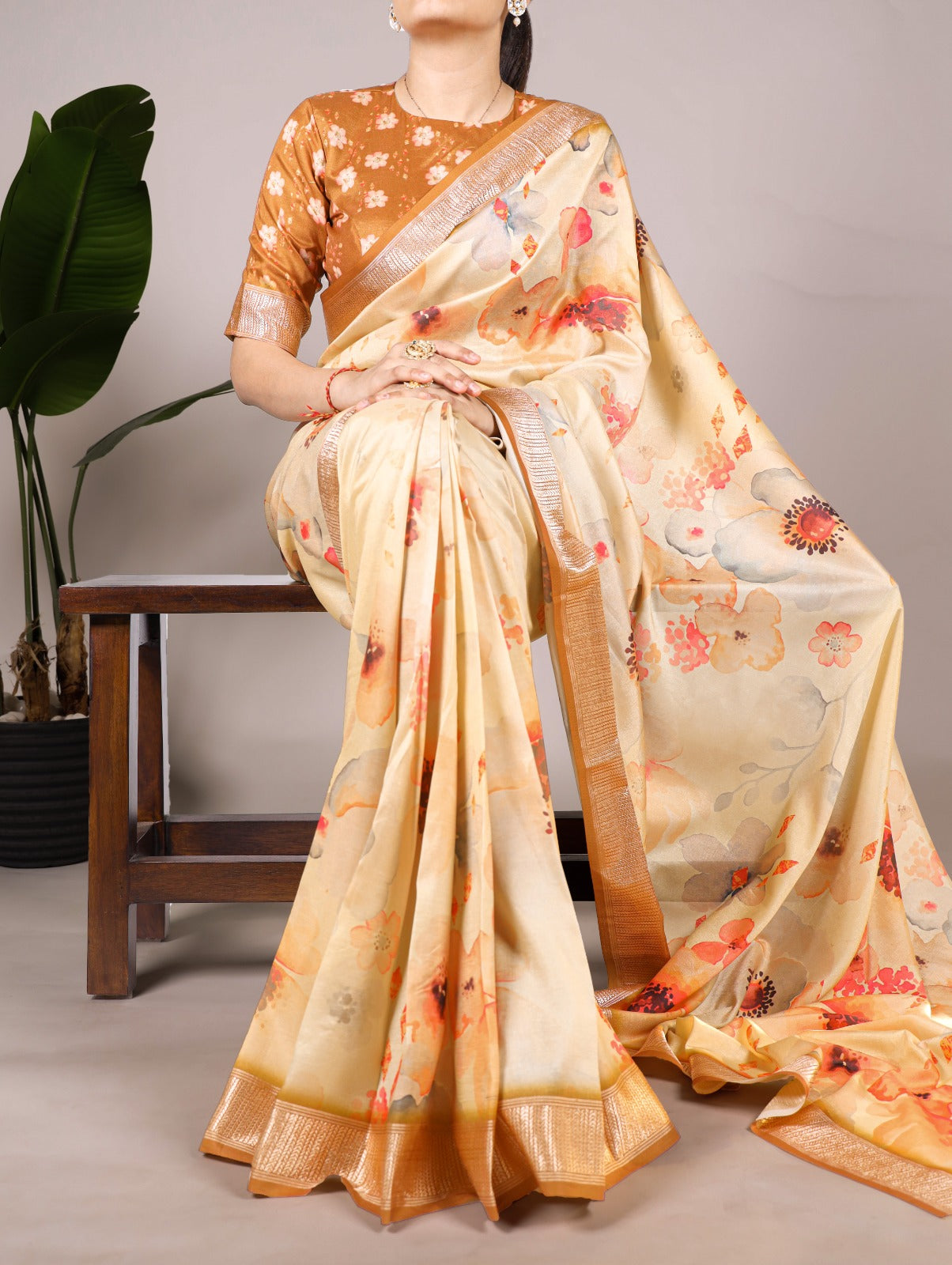 Cream Tussar Silk With Viscose Border Floral Printed Saree - INSPIRED - qivii