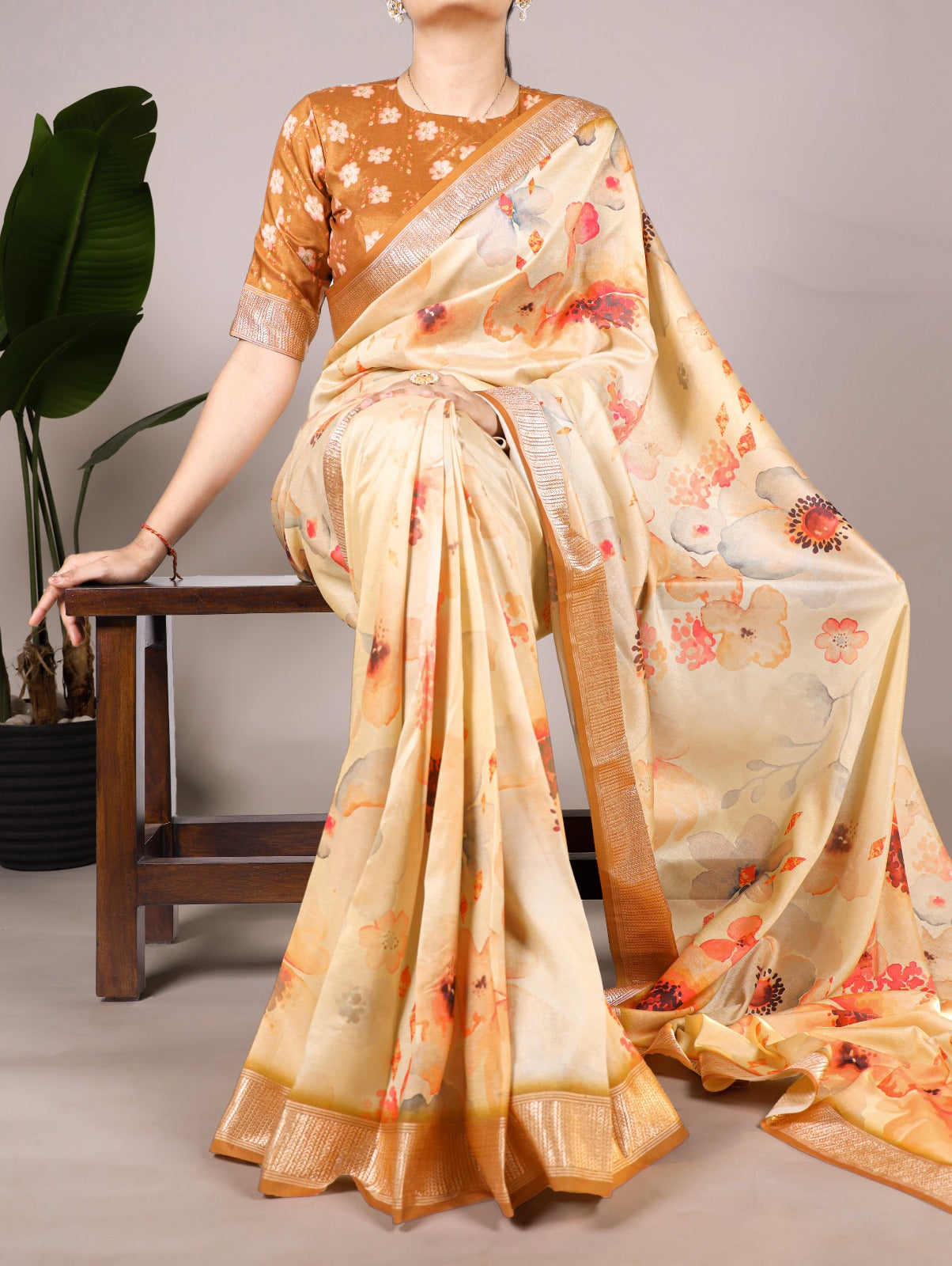 Cream Tussar Silk With Viscose Border Floral Printed Saree - INSPIRED - qivii