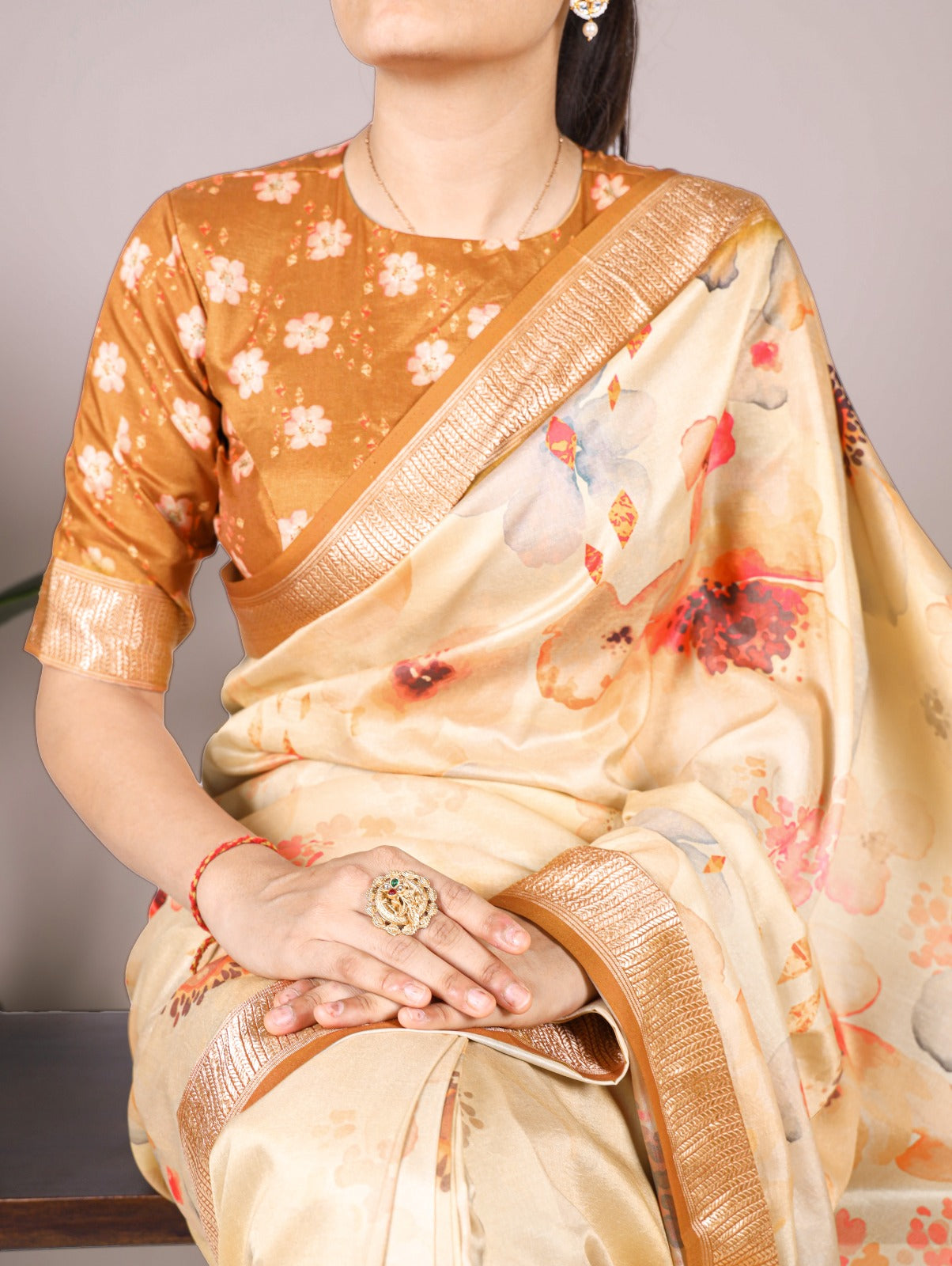 Cream Tussar Silk With Viscose Border Floral Printed Saree - INSPIRED - qivii