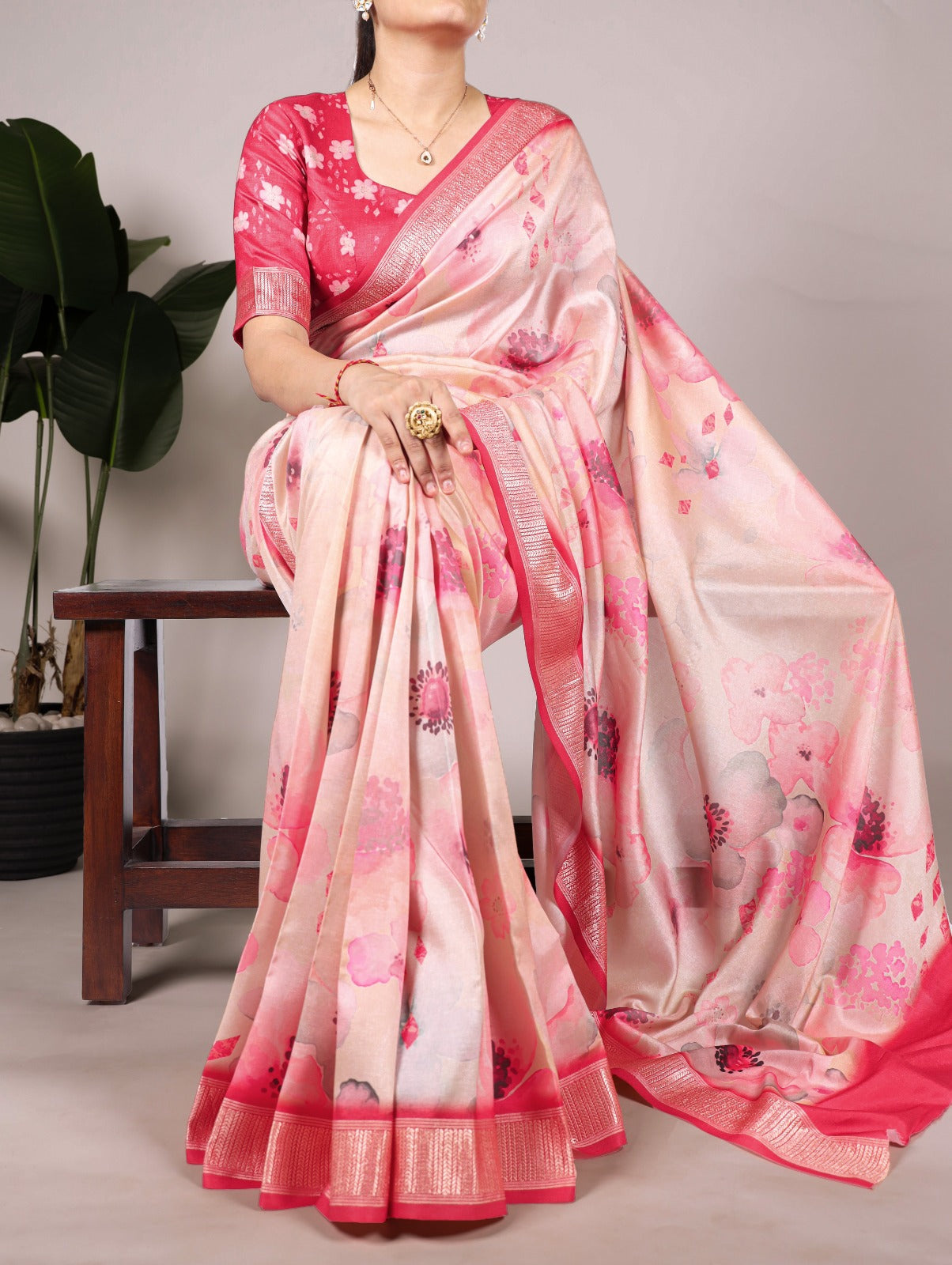 Pink Tussar Silk With Viscose Border Floral Printed Saree - INSPIRED - qivii
