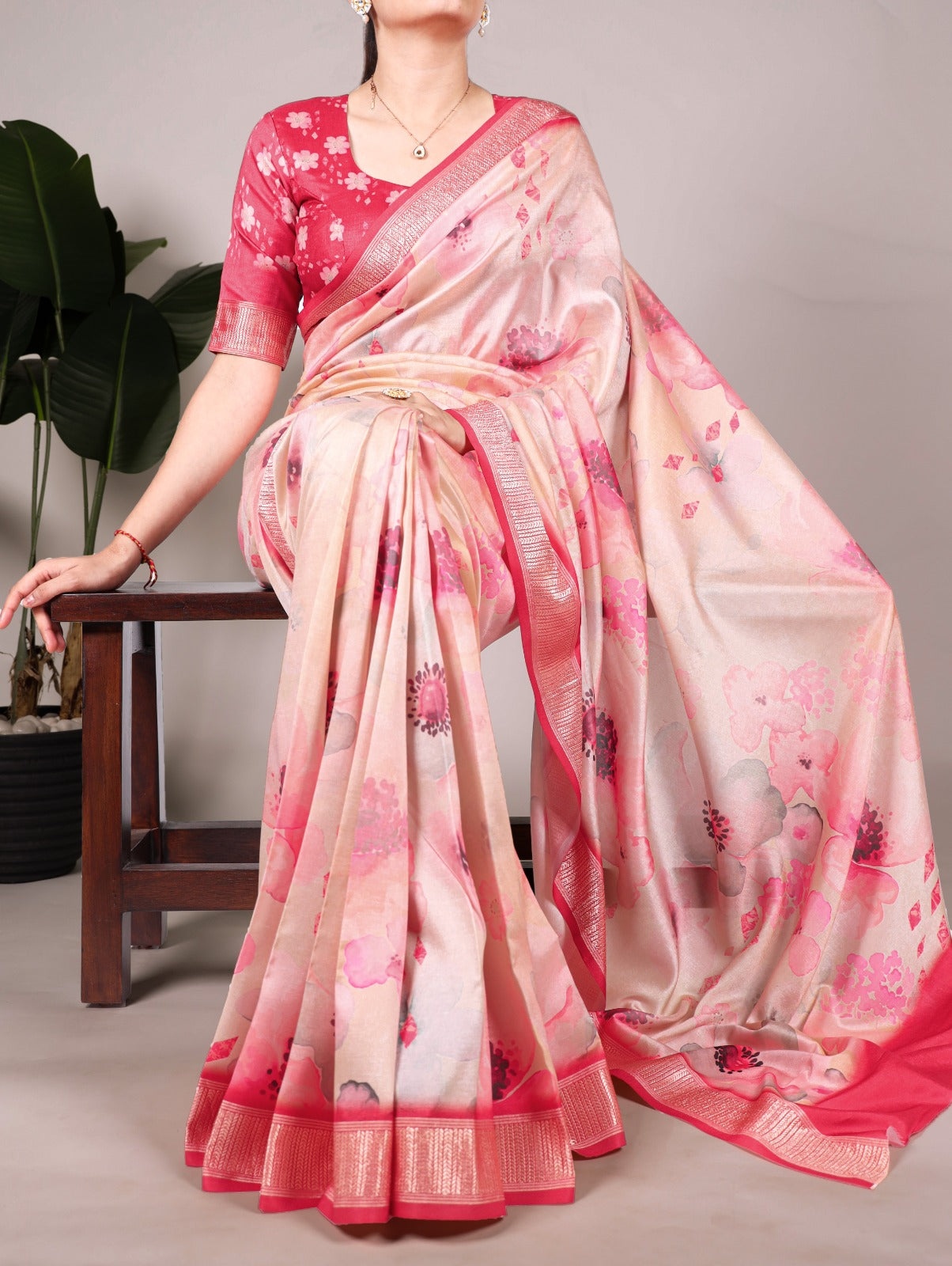 Pink Tussar Silk With Viscose Border Floral Printed Saree - INSPIRED - qivii