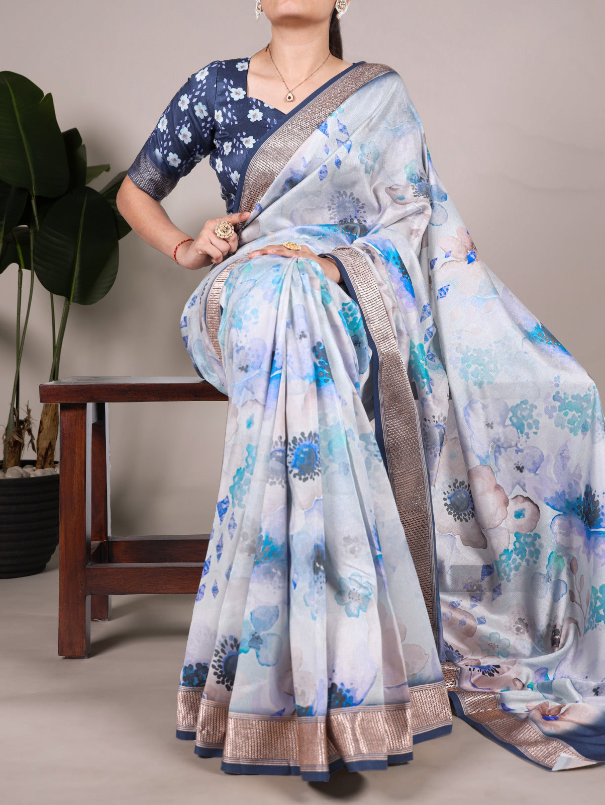 Sky Blue Tussar Silk With Viscose Border Floral Printed Saree - INSPIRED - qivii