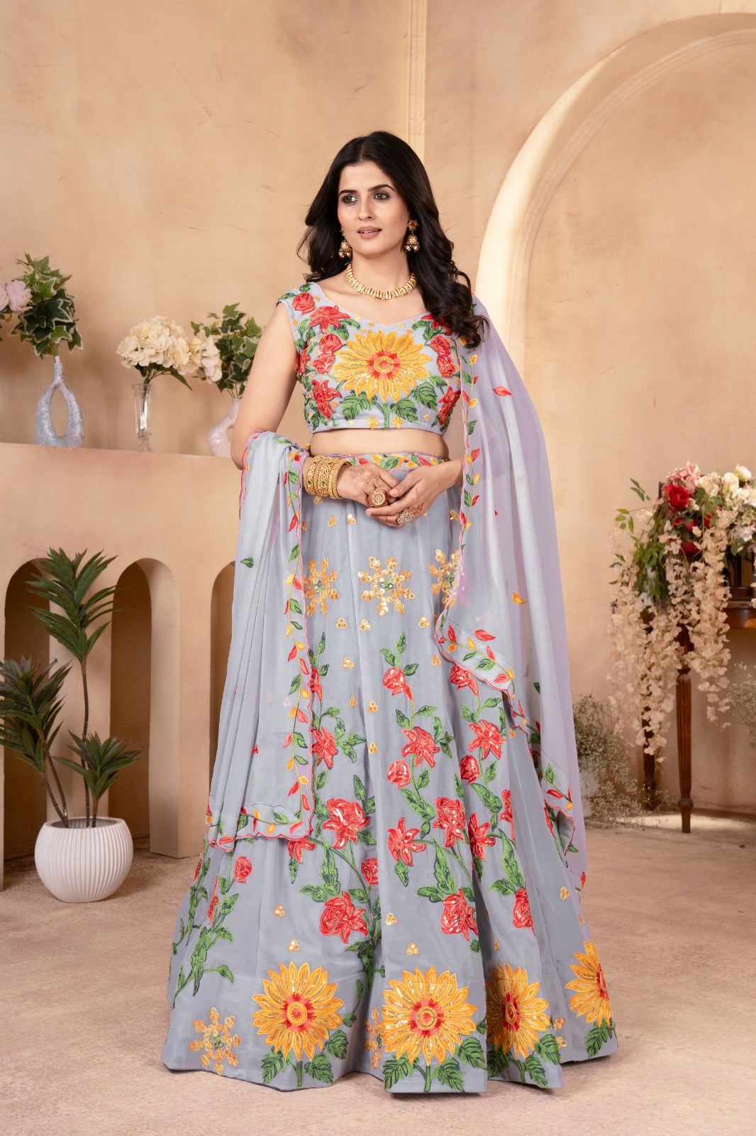 BLUE FAUX GEORGEET EMBROIDERY SEQUENCE DESIGN WORK LEHENGA CHOLI - INSPIRED | Ready To Wear - qivii