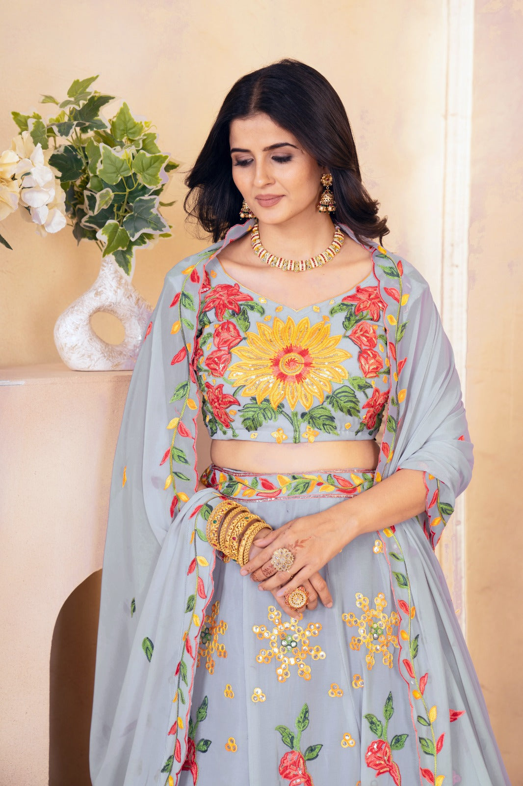 BLUE FAUX GEORGEET EMBROIDERY SEQUENCE DESIGN WORK LEHENGA CHOLI - INSPIRED | Ready To Wear - qivii