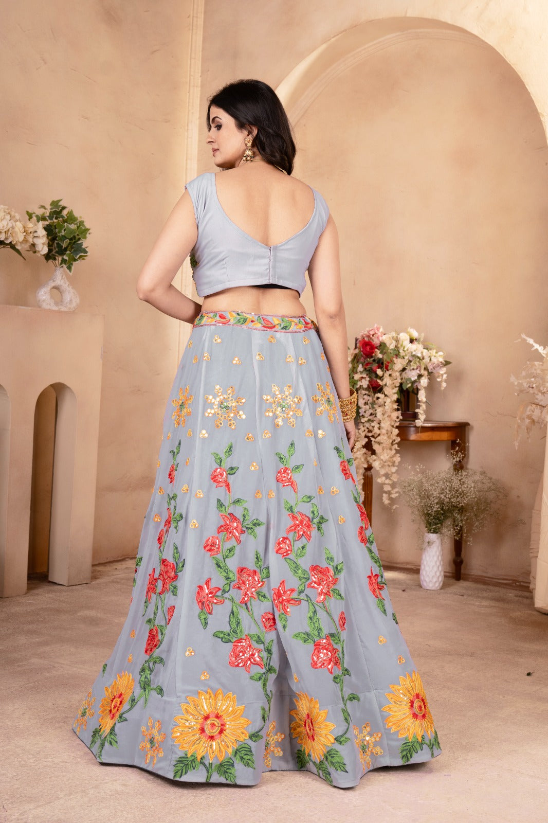 BLUE FAUX GEORGEET EMBROIDERY SEQUENCE DESIGN WORK LEHENGA CHOLI - INSPIRED | Ready To Wear - qivii