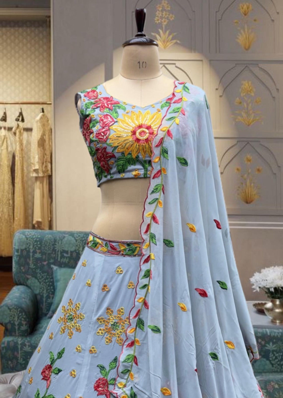 BLUE FAUX GEORGEET EMBROIDERY SEQUENCE DESIGN WORK LEHENGA CHOLI - INSPIRED | Ready To Wear - qivii