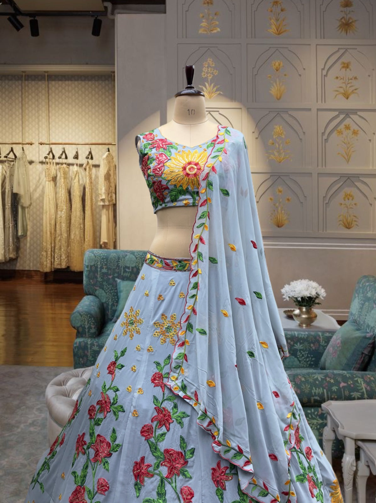 BLUE FAUX GEORGEET EMBROIDERY SEQUENCE DESIGN WORK LEHENGA CHOLI - INSPIRED | Ready To Wear - qivii