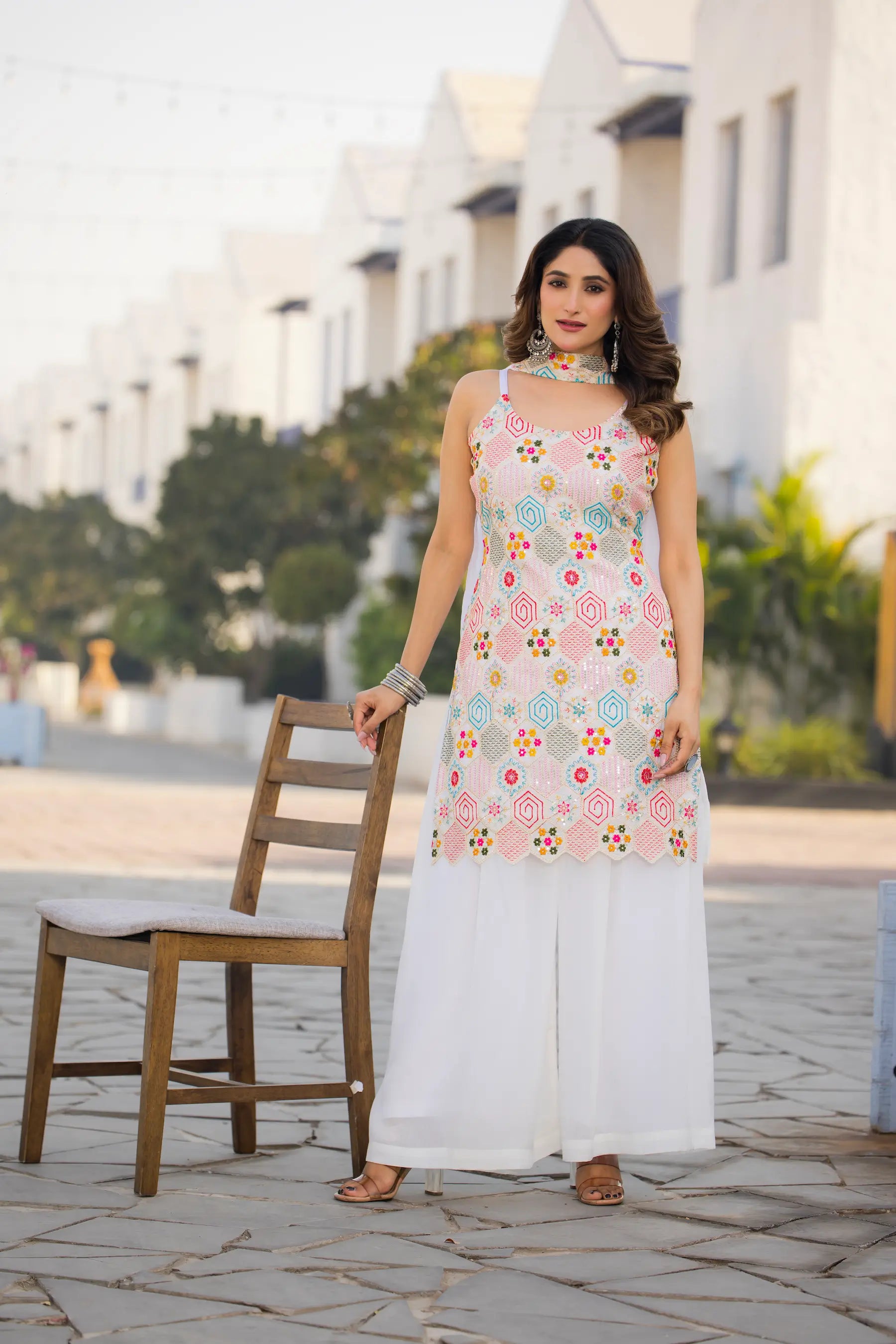White Chinon Sequence Embroidery Work Salwar Suit