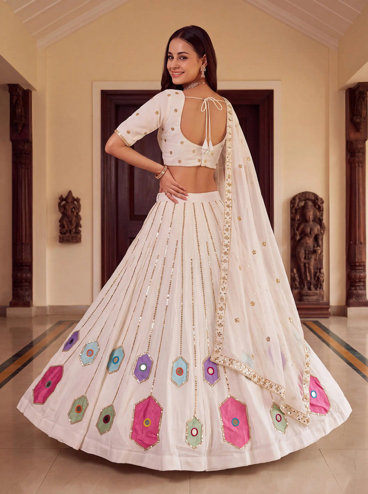 6 Meter Flair | White Navratri Lehenga With Mirror & Embroidery