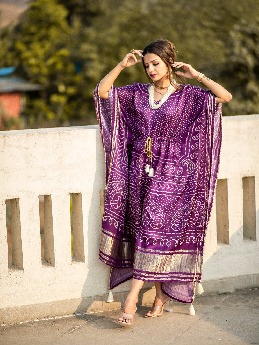 Wine Color Digital Bandhej Print Pure Gaji Silk Kaftan Dress - qivii