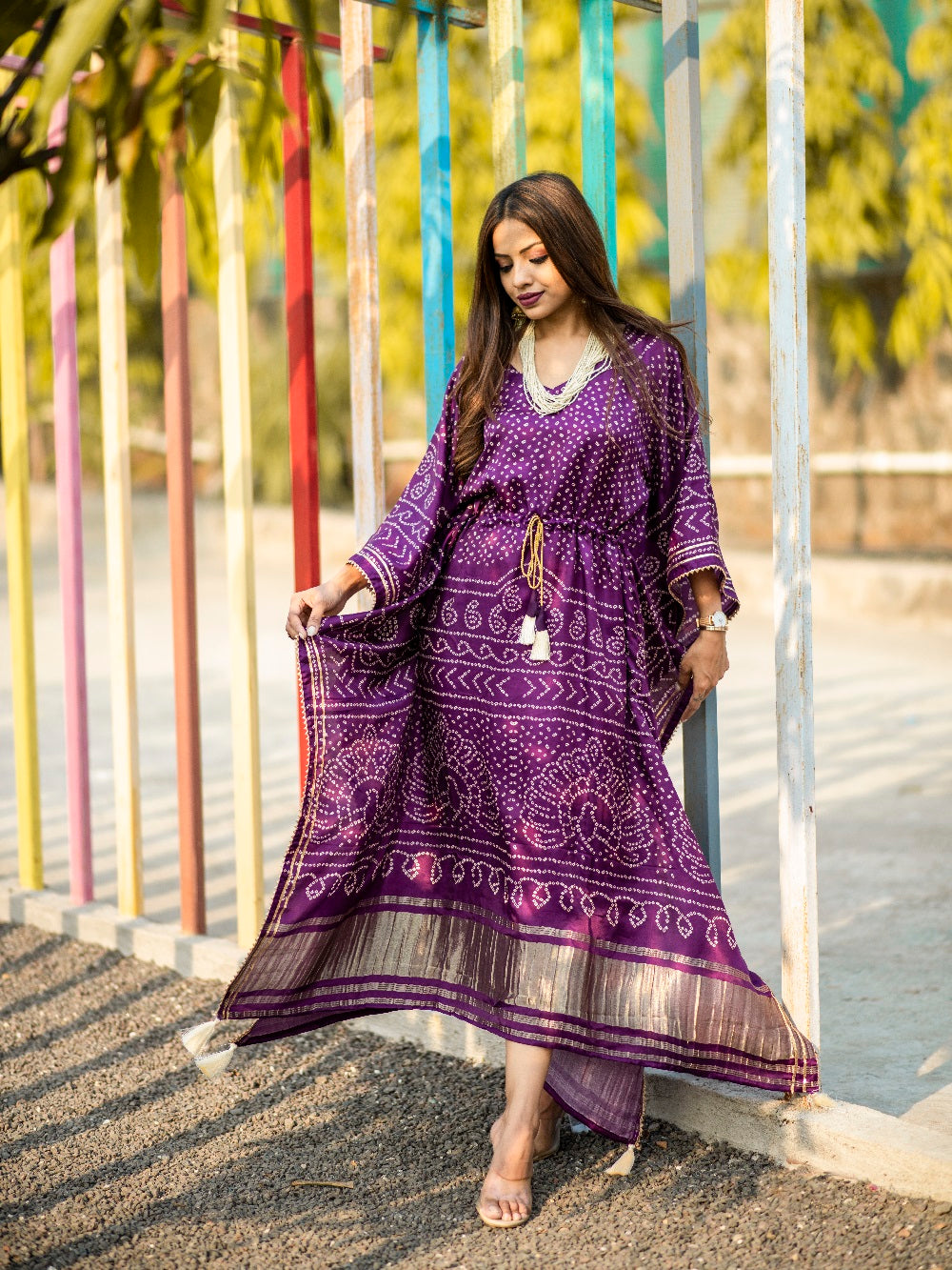 Wine Color Digital Bandhej Print Pure Gaji Silk Kaftan Dress - qivii