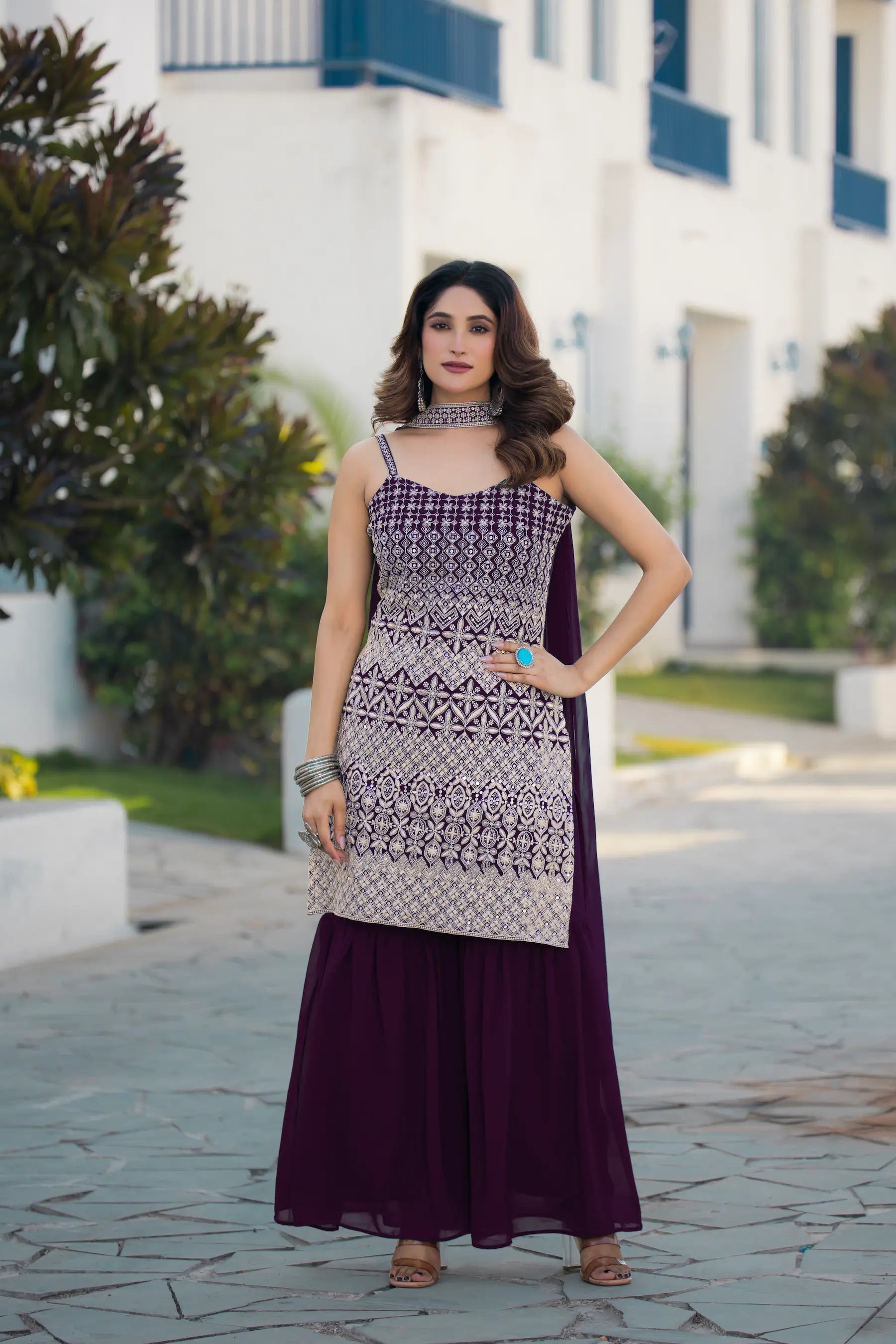 Wine Georgette Sequence Embroidery Work Salwar Suit