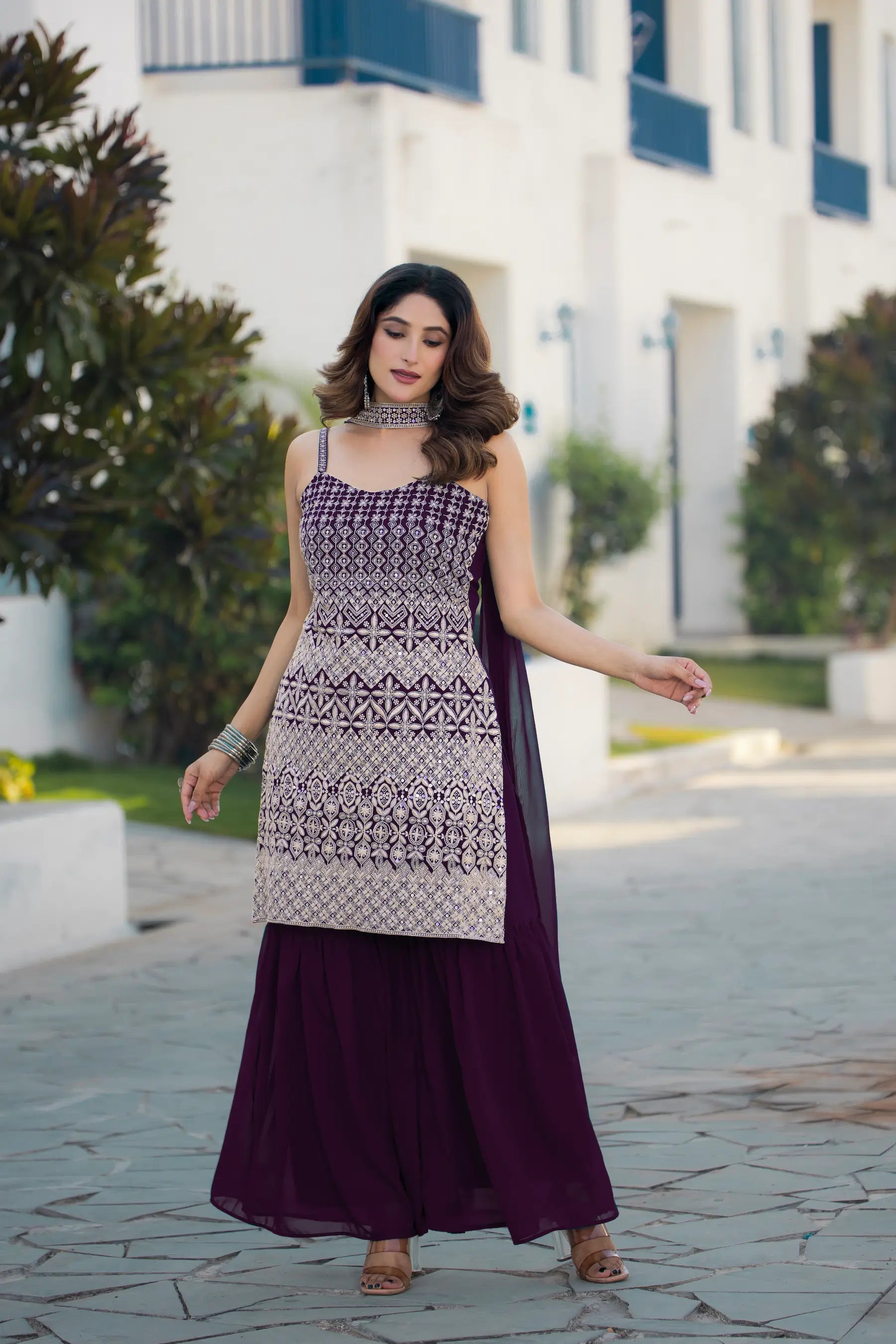 Wine Georgette Sequence Embroidery Work Salwar Suit