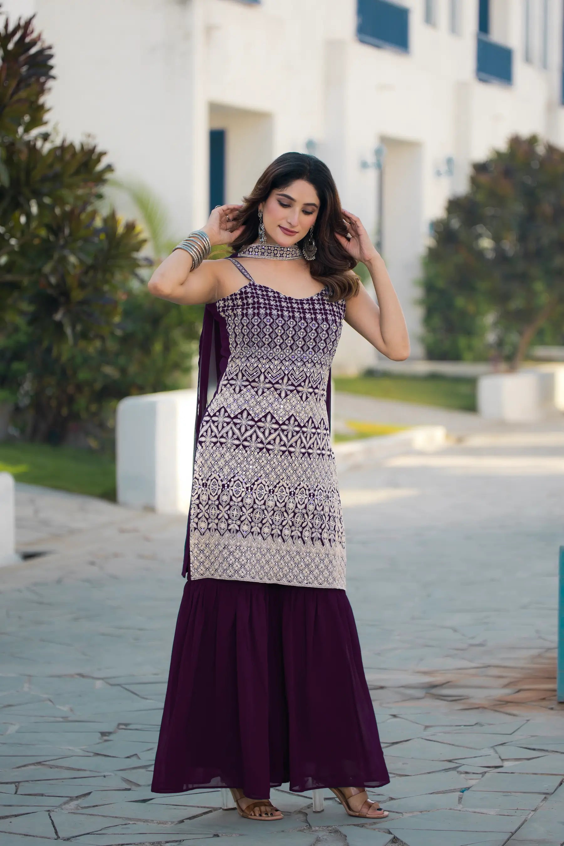 Wine Georgette Sequence Embroidery Work Salwar Suit