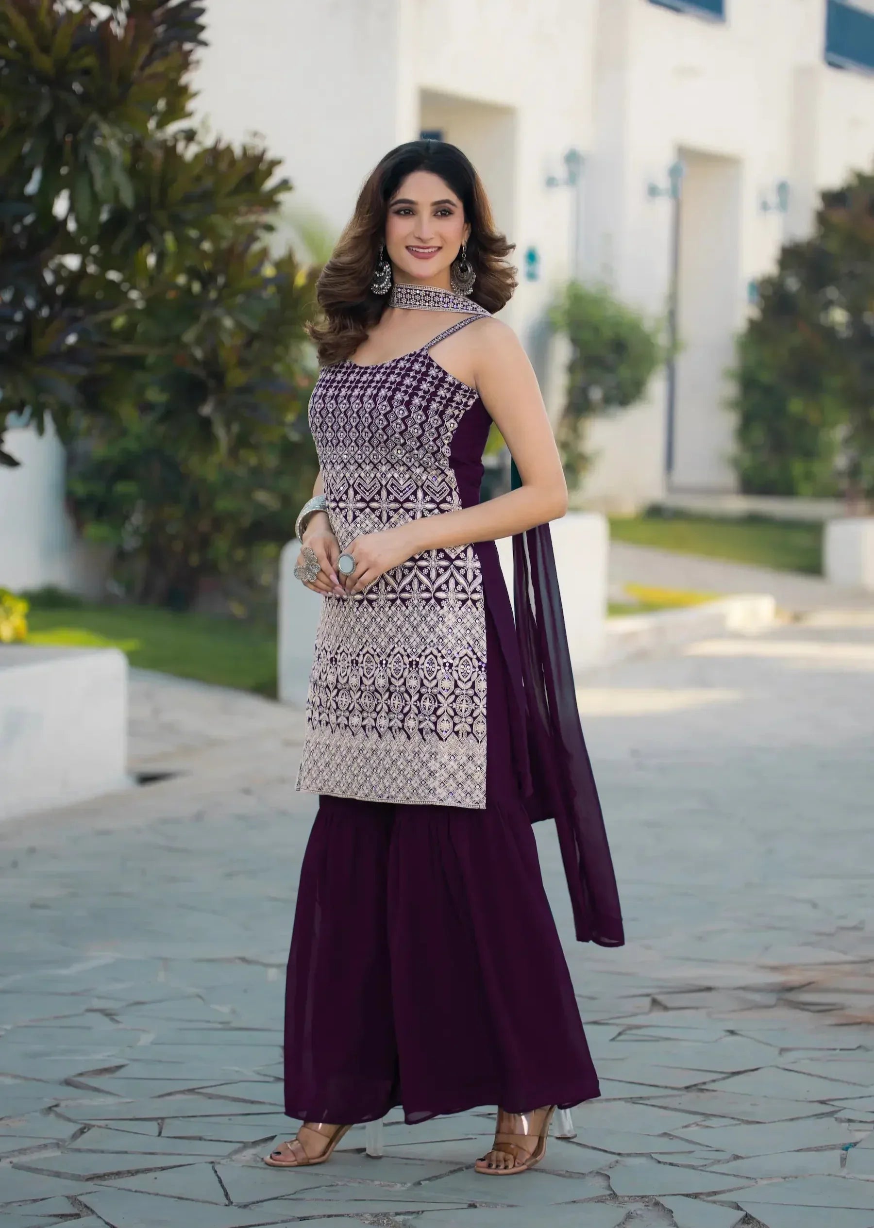 Wine Georgette Sequence Embroidery Work Salwar Suit