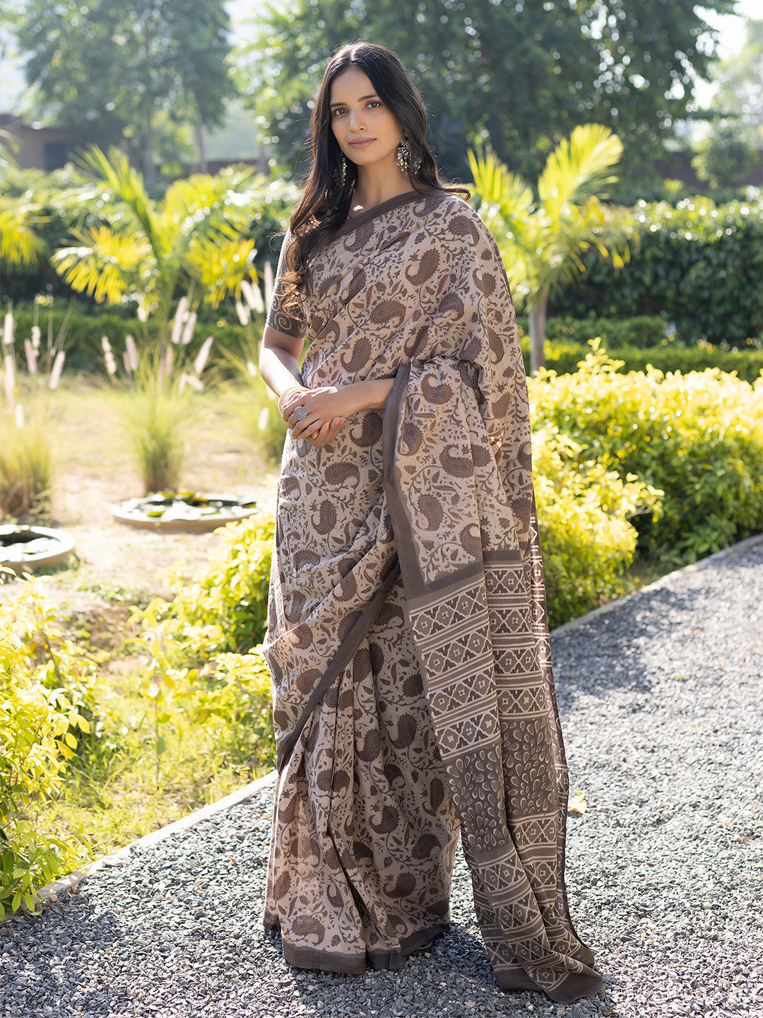 Taupe Ajrakh Cotton Saree - By Ragavi - qivii