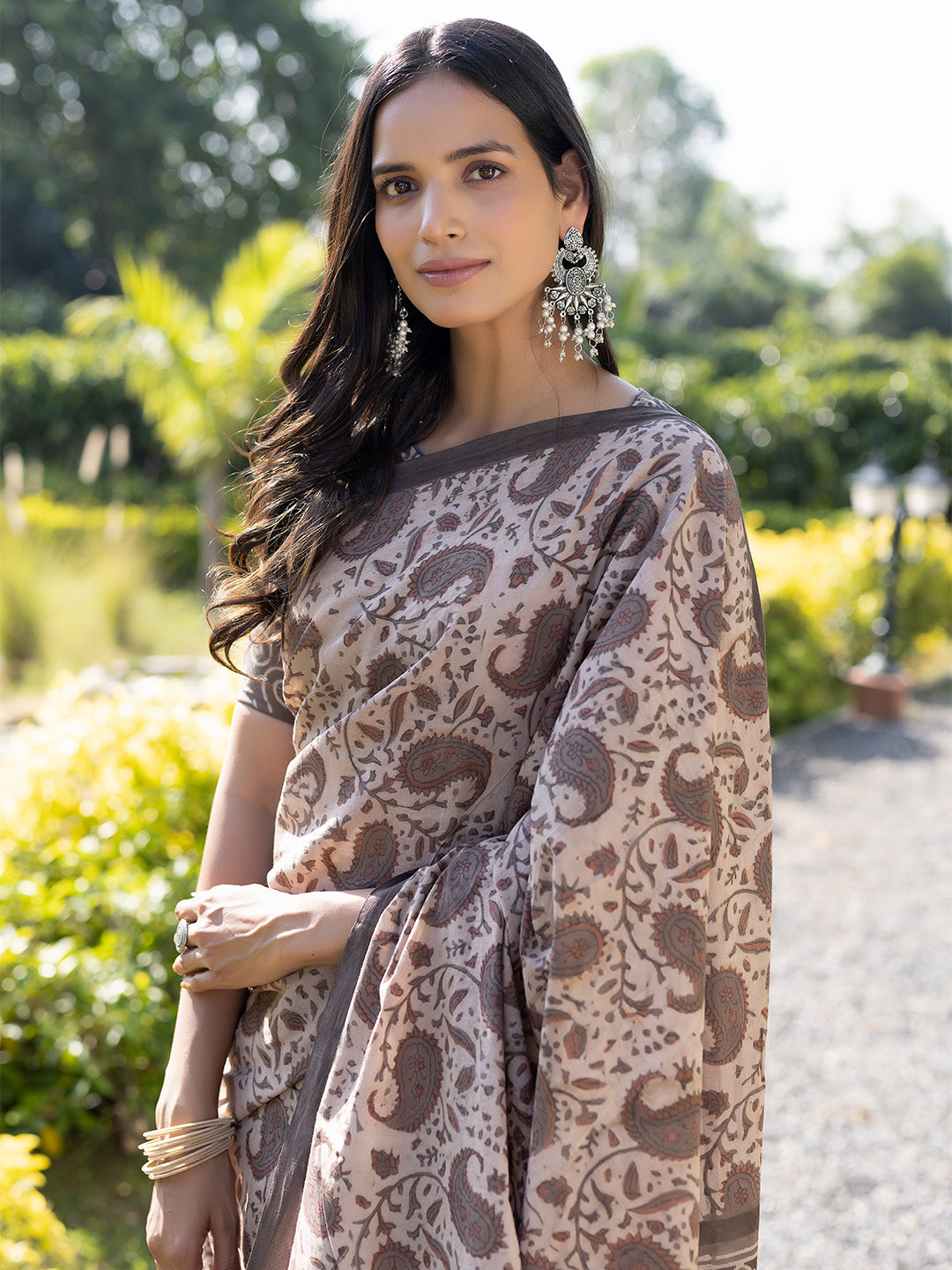 Taupe Ajrakh Cotton Saree - By Ragavi - qivii