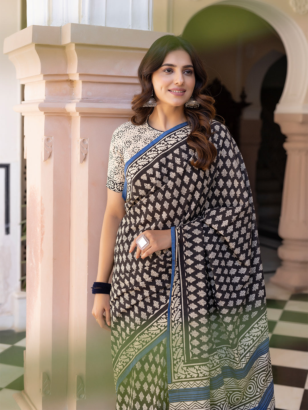 Ink Hand-Block Cotton Saree - By Ragavi - qivii
