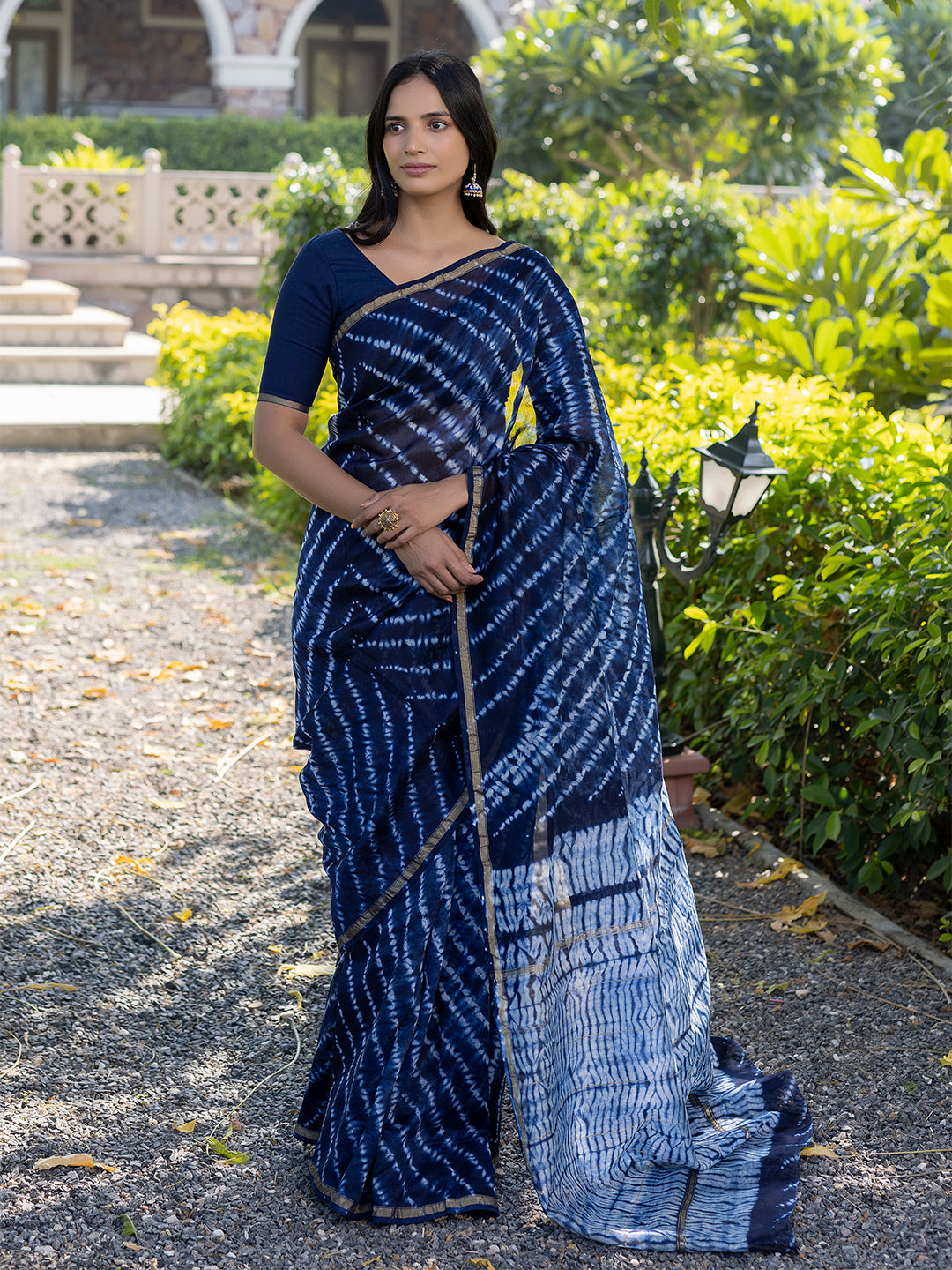 Egyptian Blue Shibori Chanderi Saree - By Ragavi - qivii