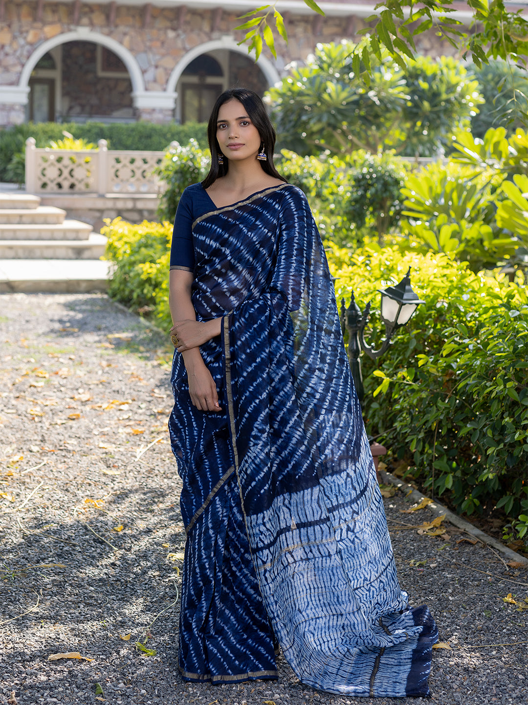 Egyptian Blue Shibori Chanderi Saree - By Ragavi - qivii