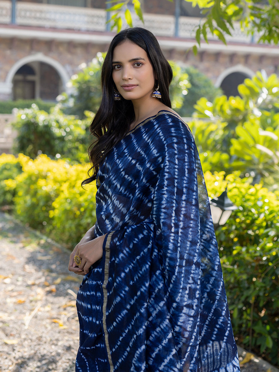Egyptian Blue Shibori Chanderi Saree - By Ragavi - qivii