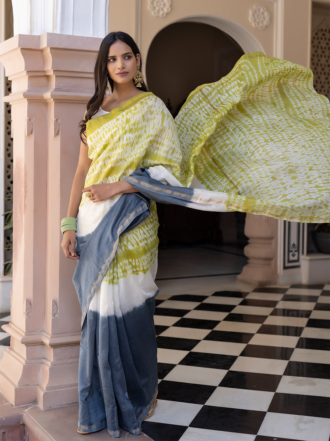 Lemon-Yellow & Smoke Shibori Chanderi Saree - By Ragavi - qivii