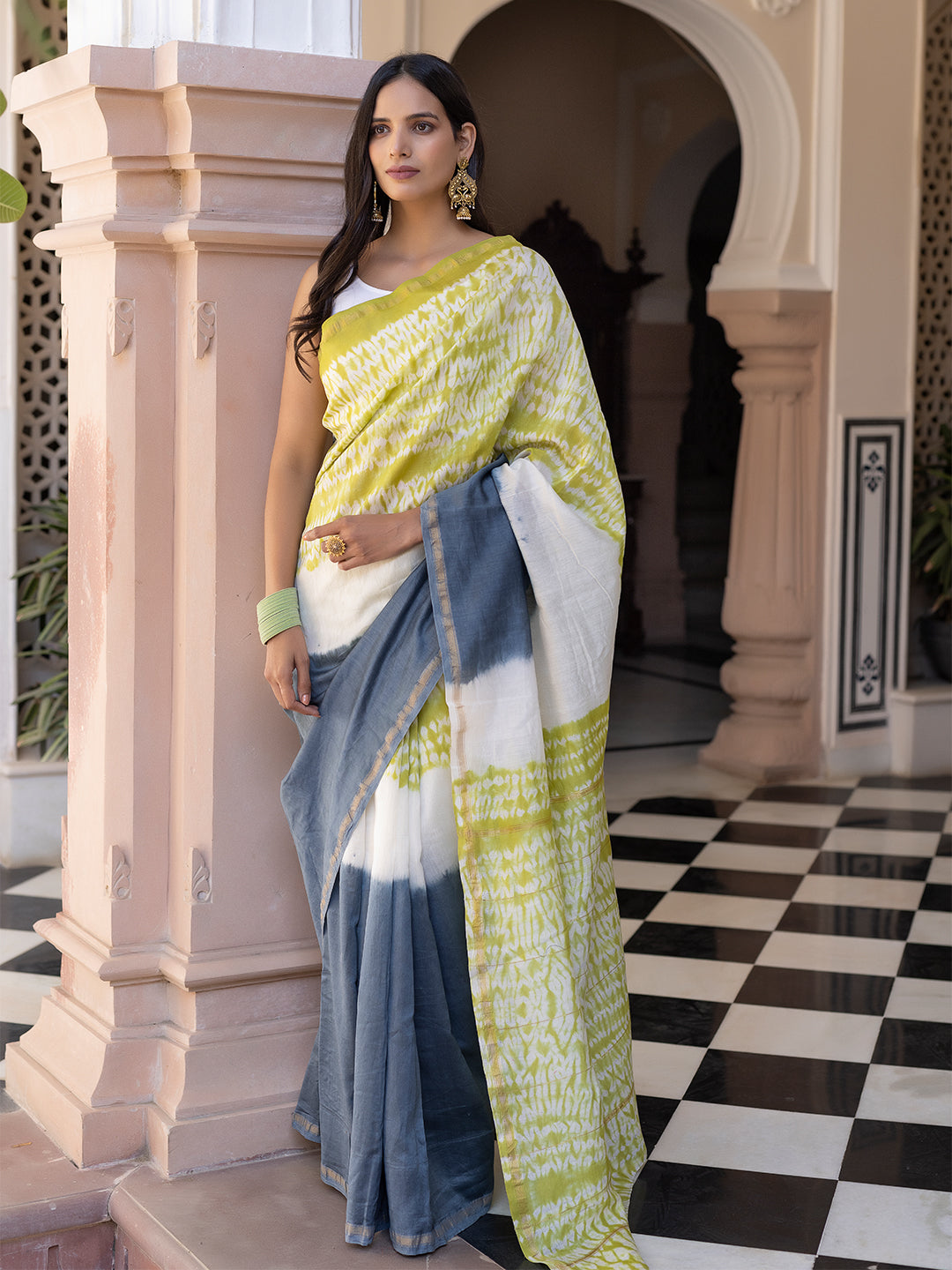 Lemon-Yellow & Smoke Shibori Chanderi Saree - By Ragavi - qivii