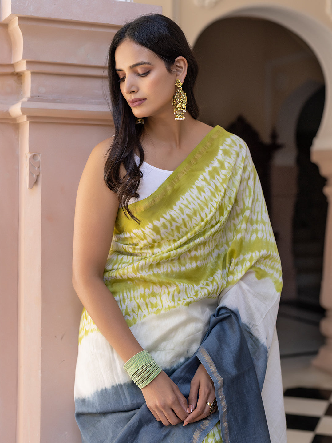 Lemon-Yellow & Smoke Shibori Chanderi Saree - By Ragavi - qivii